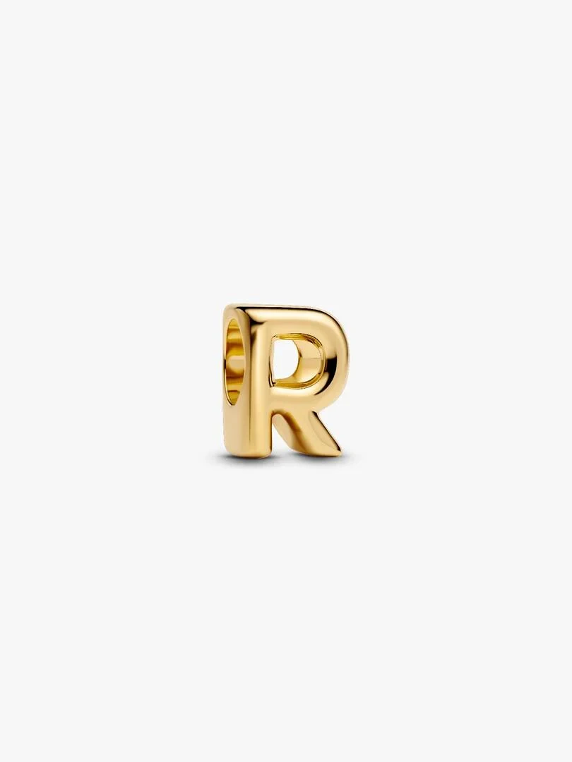 Gold-plated letter R charm, front three-quarter view on a white background.