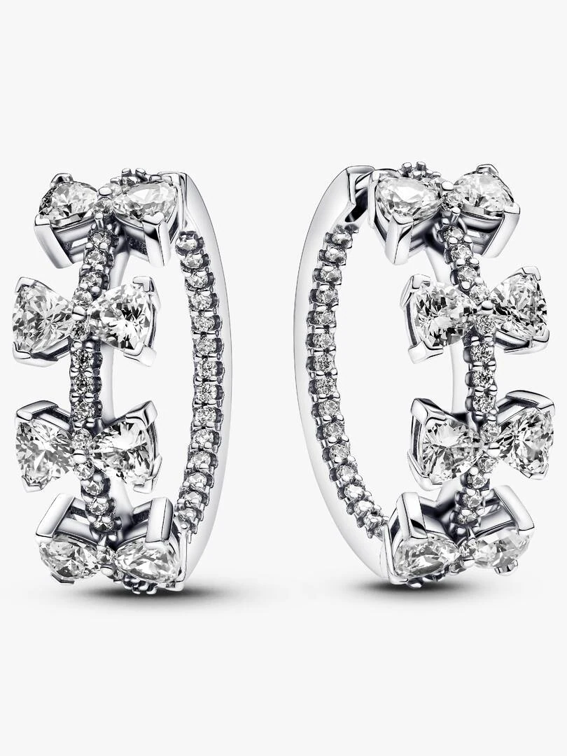 Pair of bow-motif hoop earrings with cubic zirconia, front view on a white background.