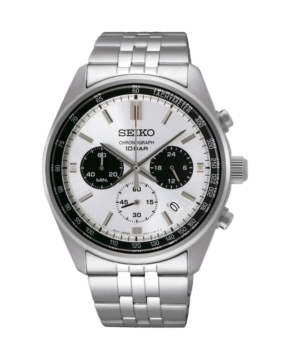Vista frontal completa del reloj con esfera blanca y brazalete de acero sobre fondo blanco