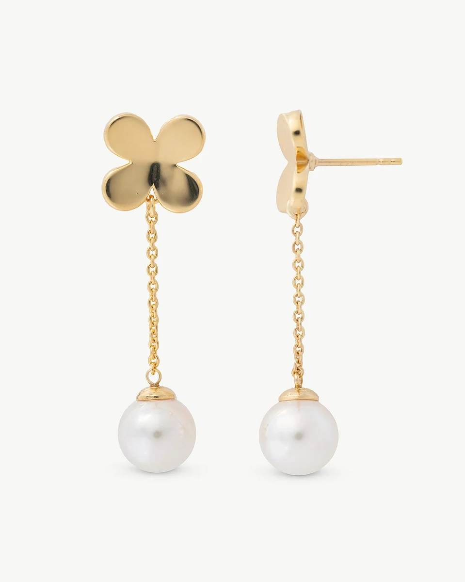 Pair of long pearl drop earrings, front and side view on a white background.