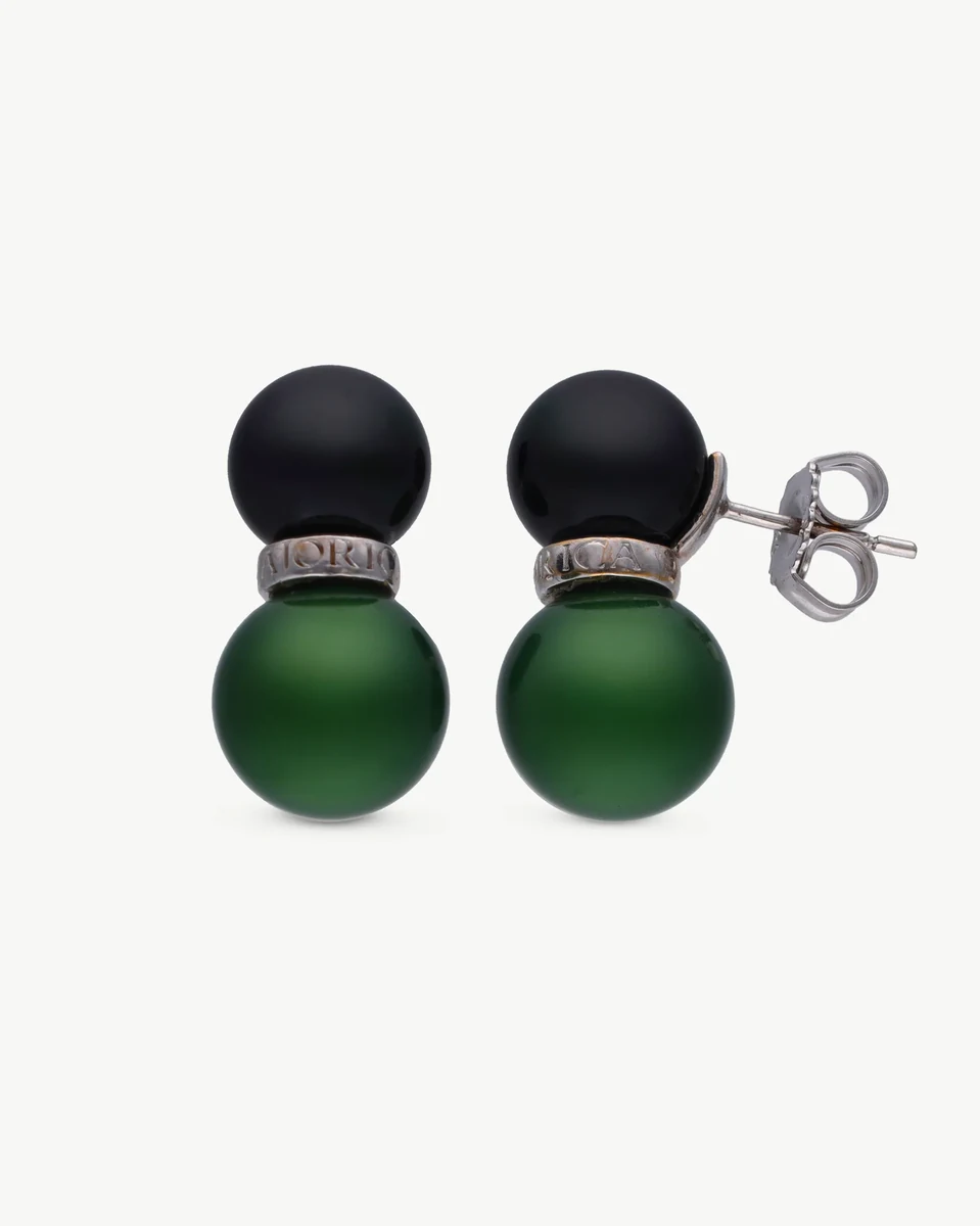 Front view of black and green pearl earrings on a white background, showing the stud closure.