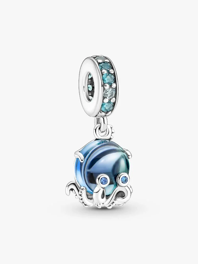 Octopus charm with blue Murano glass, front view on a white background.