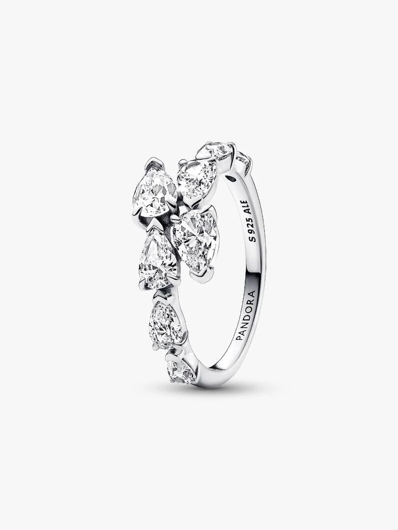 Silver ring with pear-shaped stones, side angle view on a white background.