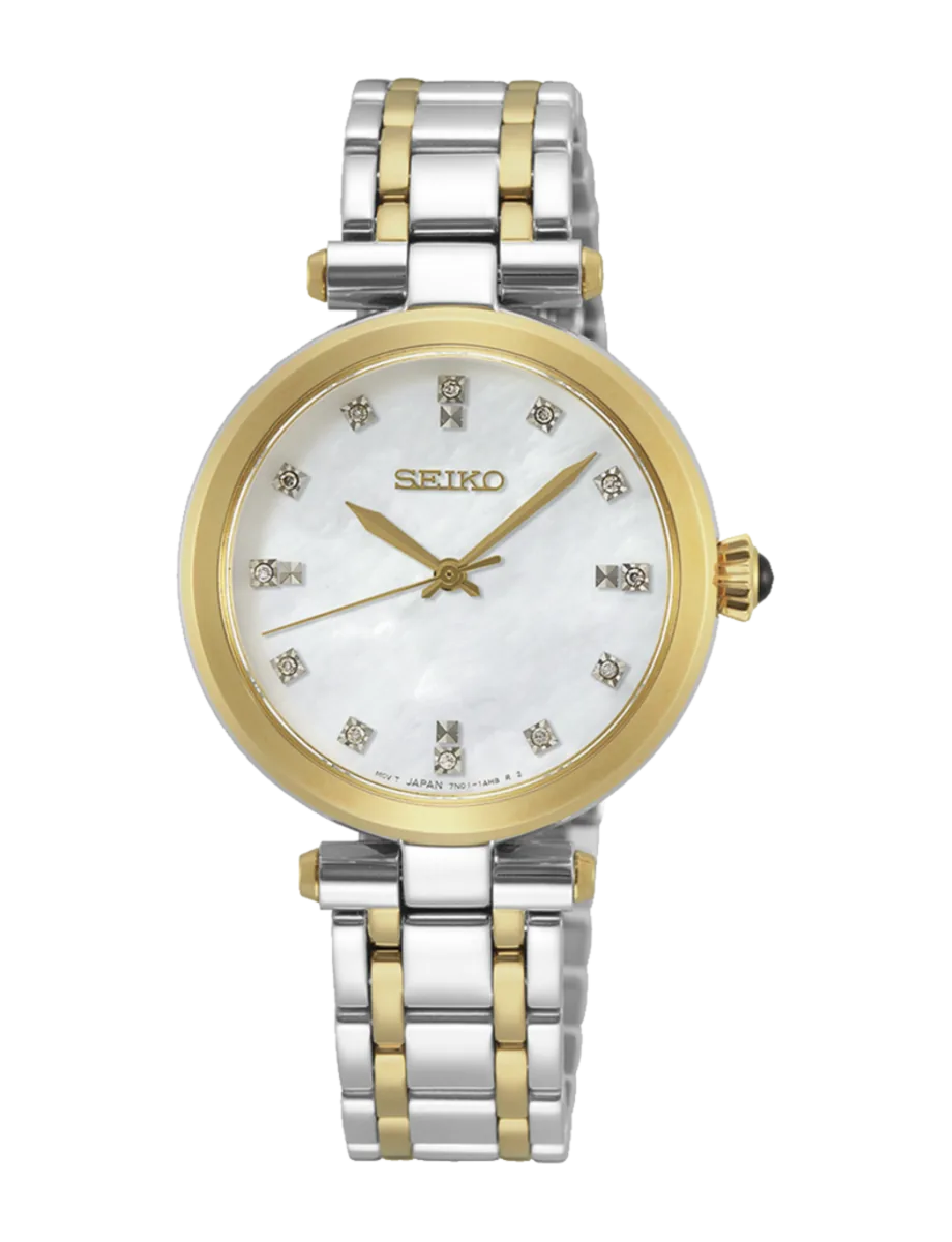 Vista frontal centrada del reloj sobre fondo blanco, destacando la esfera y el brazalete bicolor.