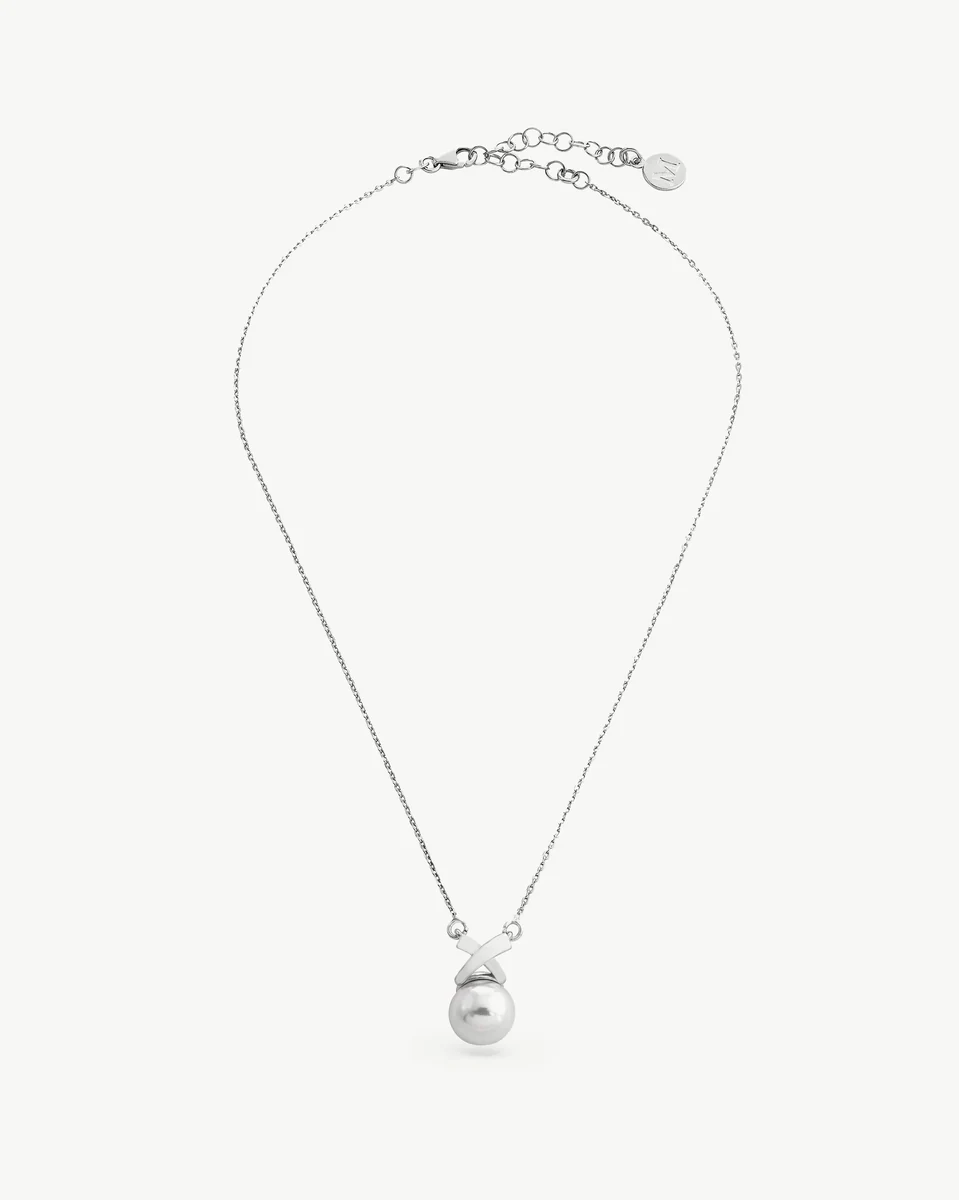 Silver necklace with white pearl, full front view on a pure white background.
