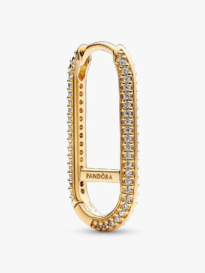 Rectangular hoop earring with pavé stones, front angled view, on white background.