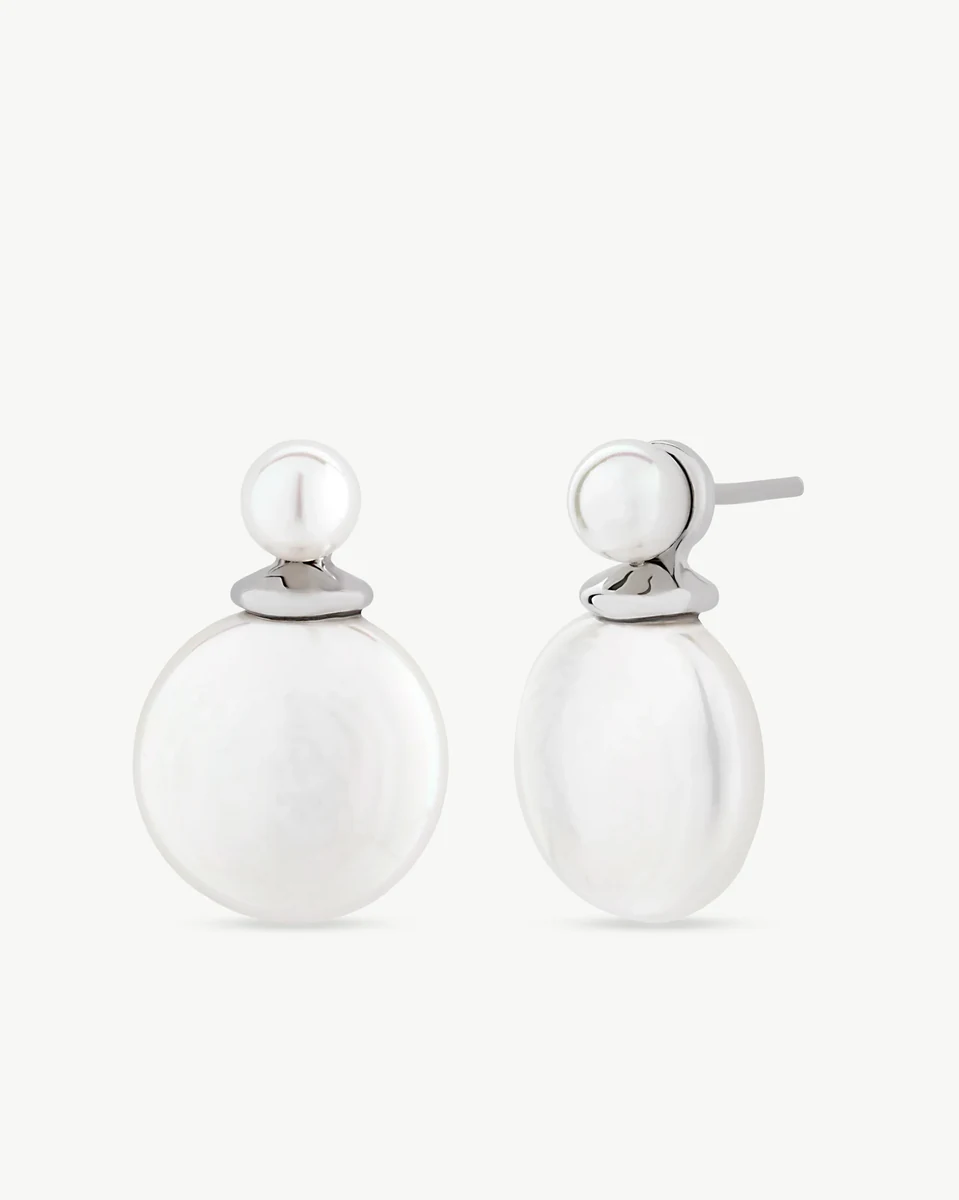 Front view of pearl earrings on a white background, focusing on the luster and texture of the pearls.