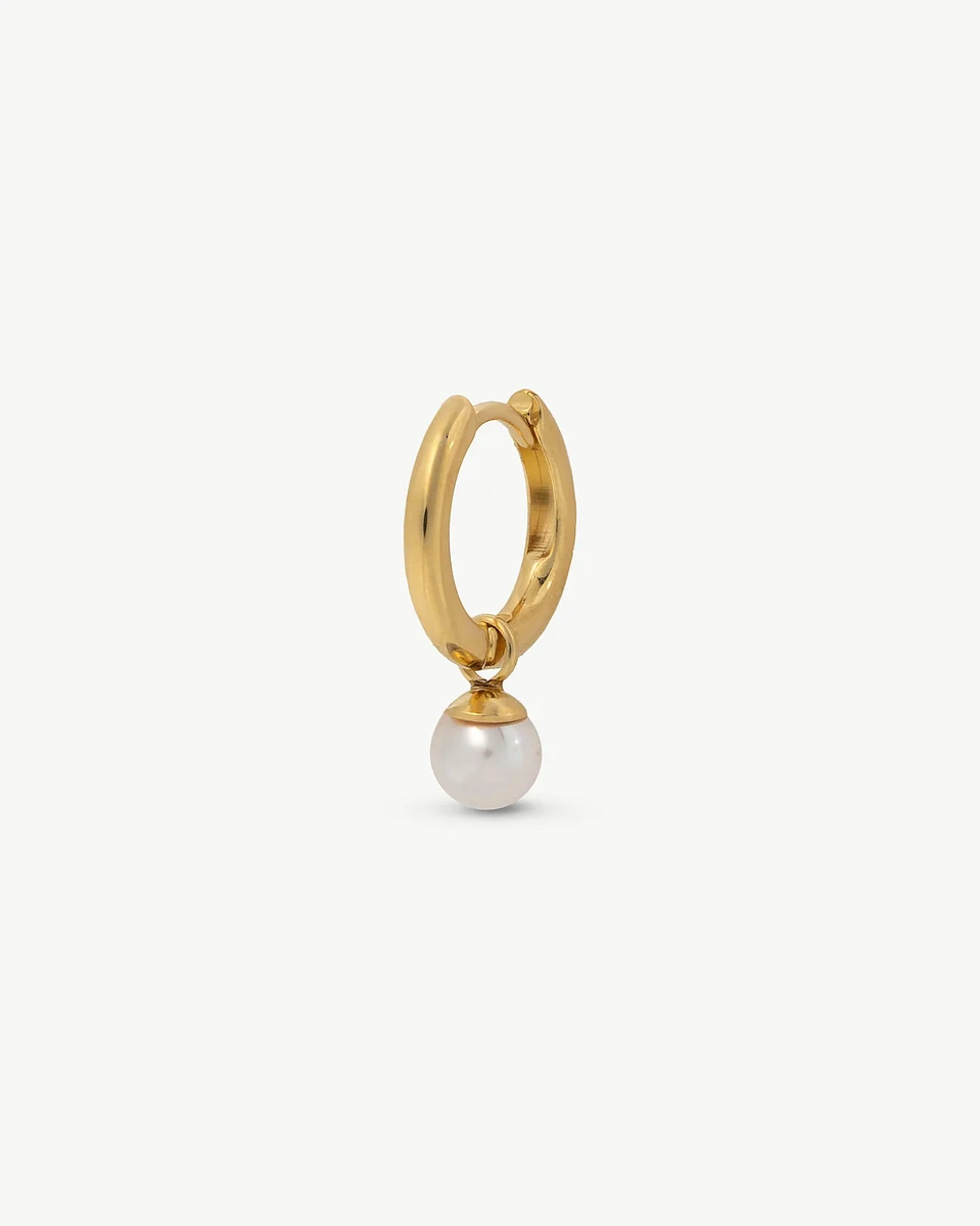 Gold hoop earring with a dangling white pearl, front view on a pure white background.