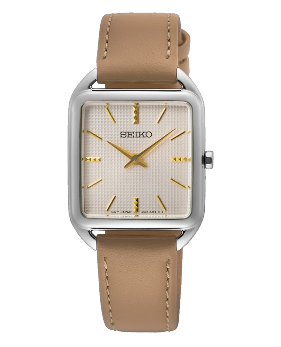 Vista frontal completa de reloj de caja cuadrada y correa beige sobre fondo blanco.