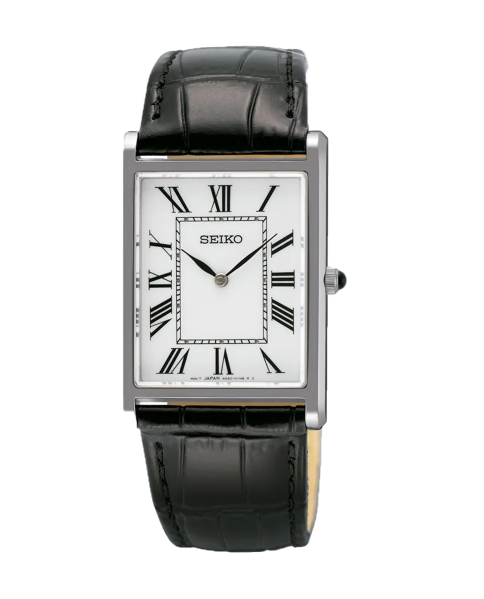 Vista frontal completa de reloj rectangular, esfera blanca con números romanos y correa de piel negra, fondo blanco.