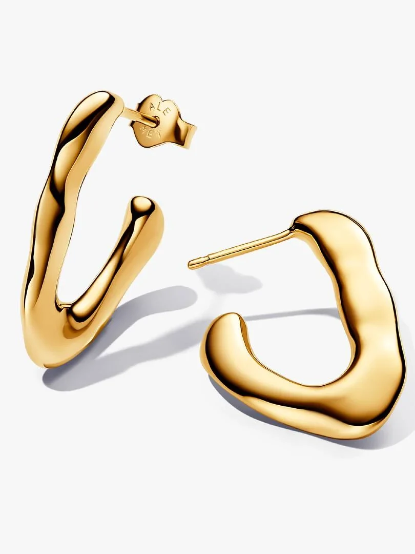 Pair of organic-shaped gold hoop earrings, front view on a white background with soft shadows.