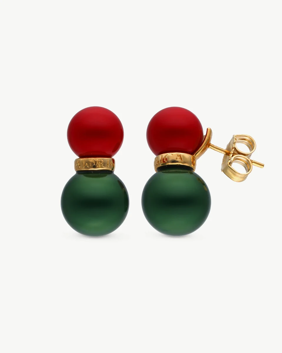 Front view of red and green pearl earrings on a white background, showing the stud earring closure.