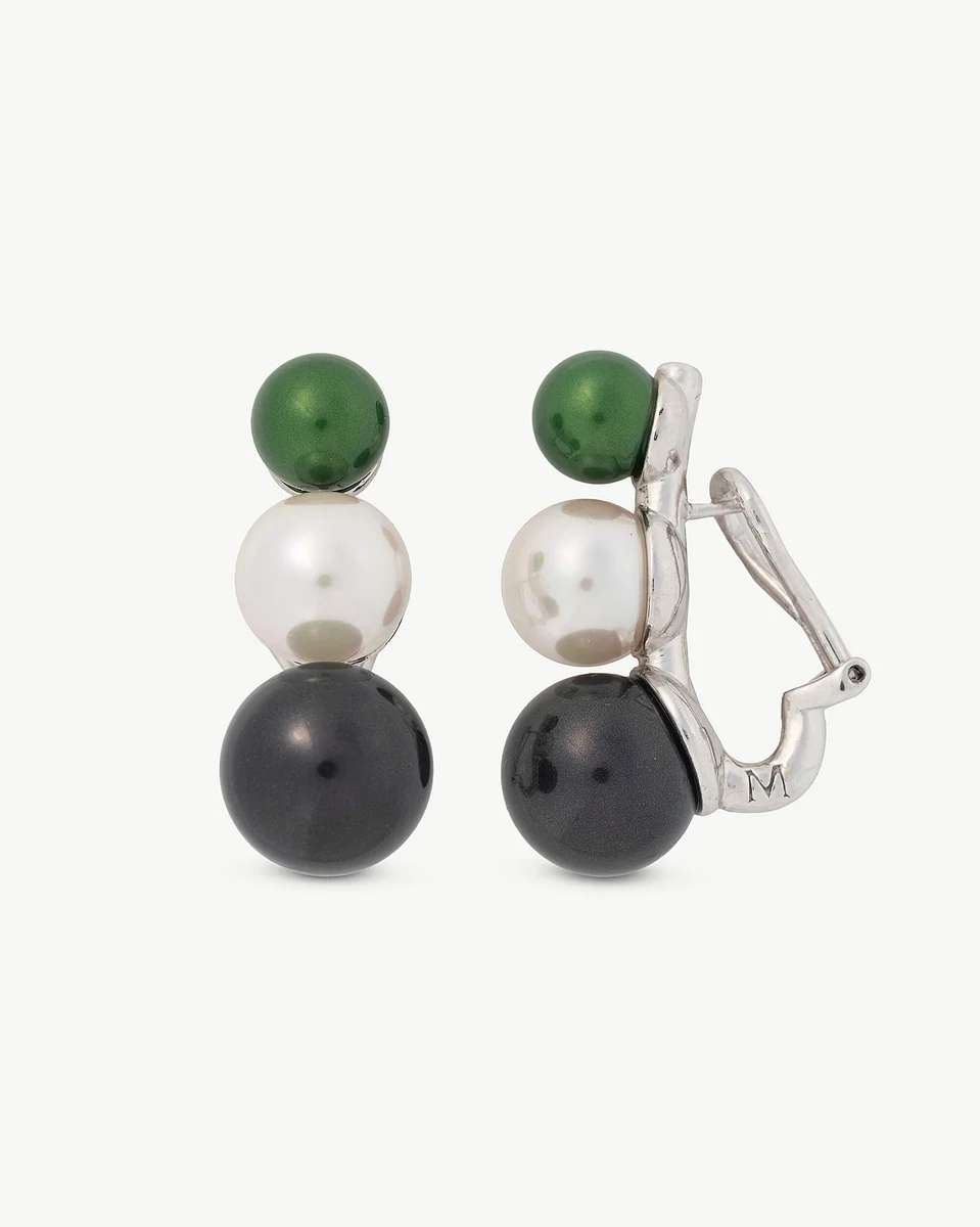 Front and side view of the green, white, and black pearl earrings on a white background.