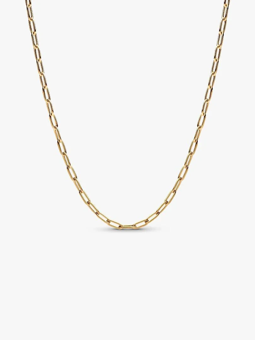 Gold-tone elongated link necklace, full front view on a neutral white background.