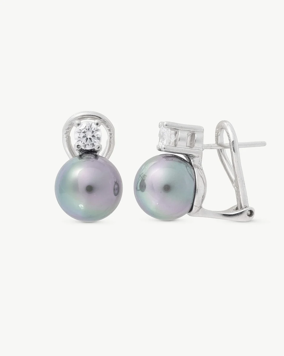 Pair of grey pearl and cubic zirconia earrings, front and profile view on white background.