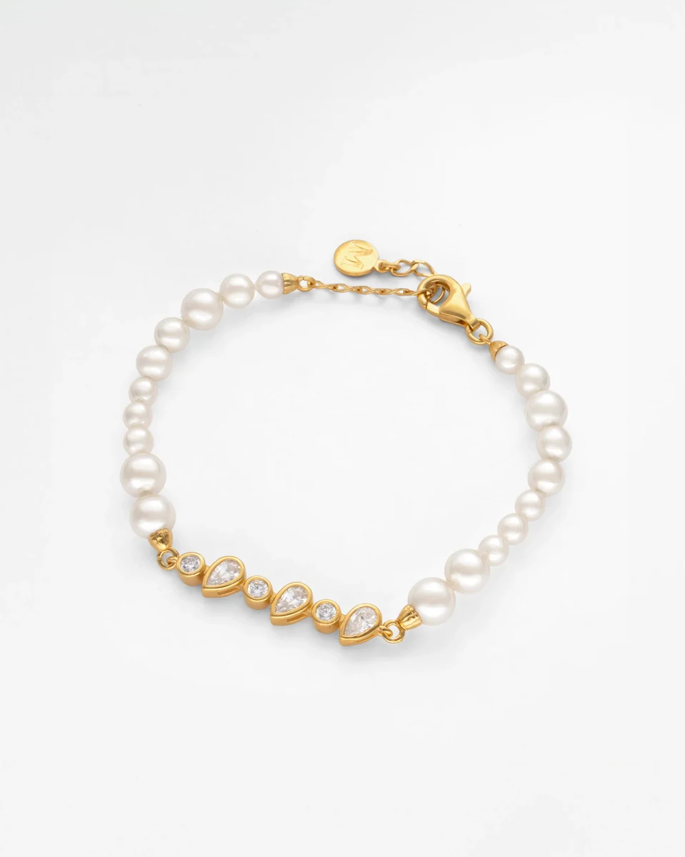 Draufsicht auf das Armband in Kreisform auf weißem Hintergrund, Detailansicht der Perlen und Zirkonia.