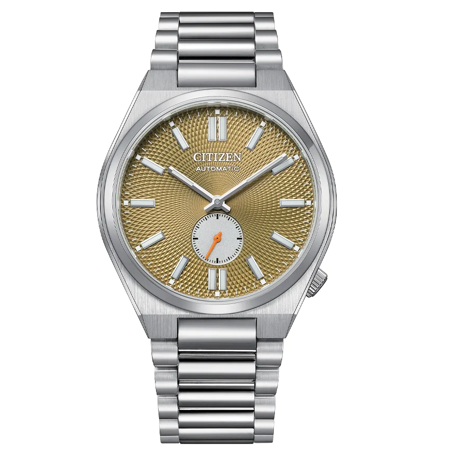 Vista frontal completa del reloj con brazalete de acero sobre fondo blanco