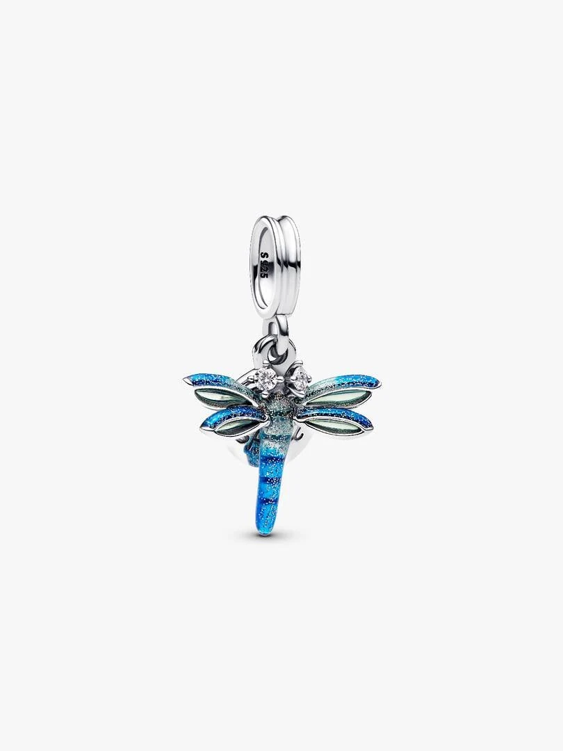 Dragonfly charm in silver with blue enamel, front view on a white background.