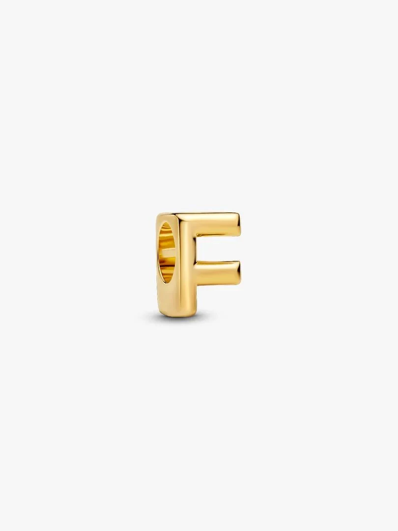 Gold-tone letter F charm, front three-quarter view on a solid white background.