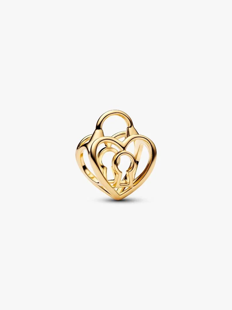Heart charm with padlock in a side angle view, presented on a solid white background.