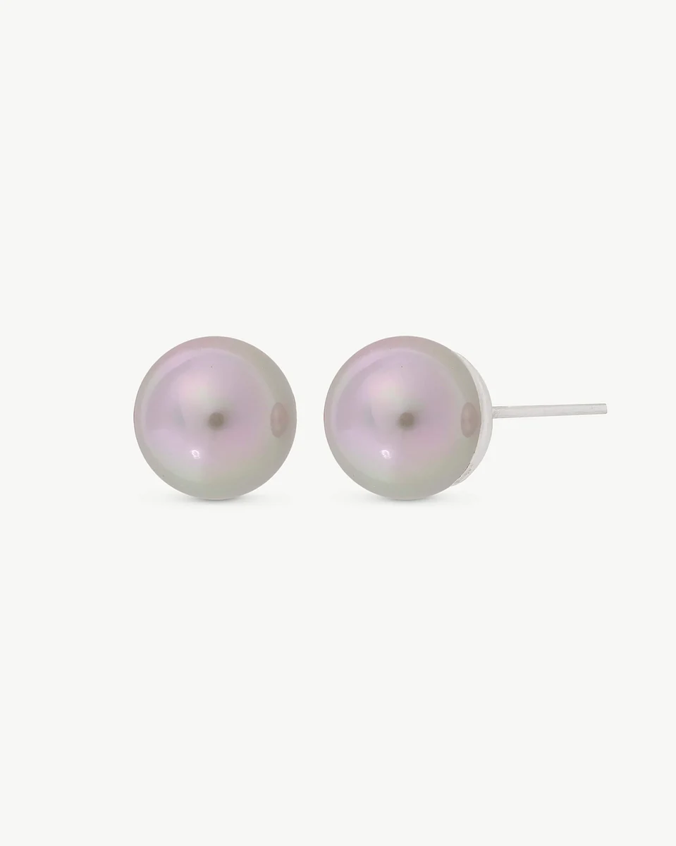 Pair of pearl stud earrings shown front and profile view on a pure white background.