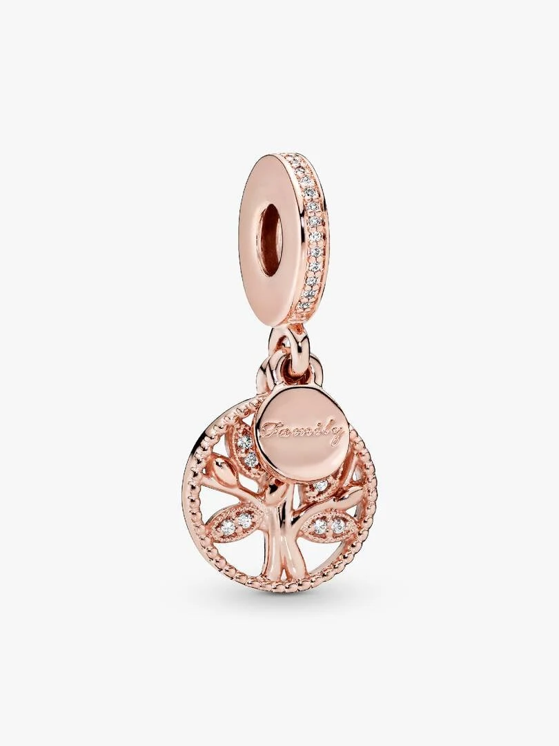 Charm pendent arbre de vie en or rose, vue de face sur fond blanc.
