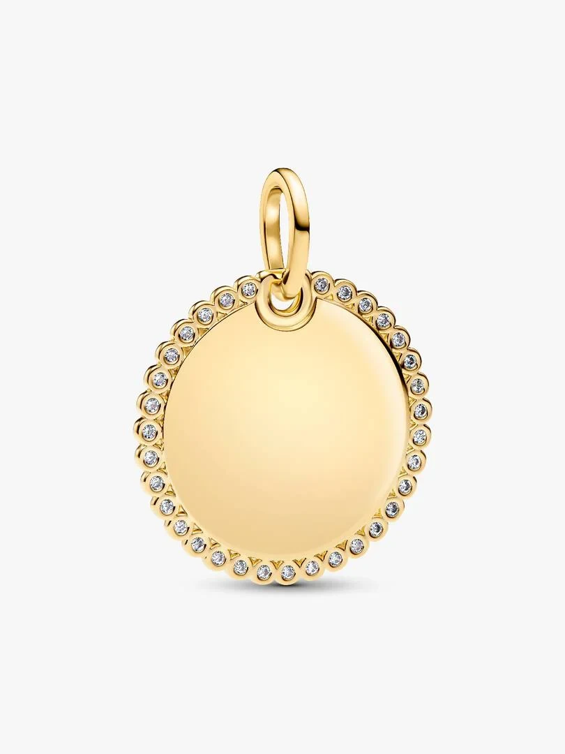 Front view of gold disc pendant with cubic zirconia halo, neutral white background.