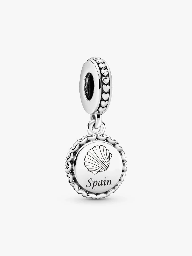Silver dangle charm with shell engraving and 'Spain' text, front view on a white background.