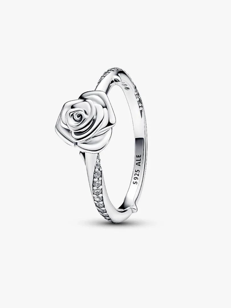 Silver rose ring shown from a side angle, white background, detail of the S925 ALE engraving.