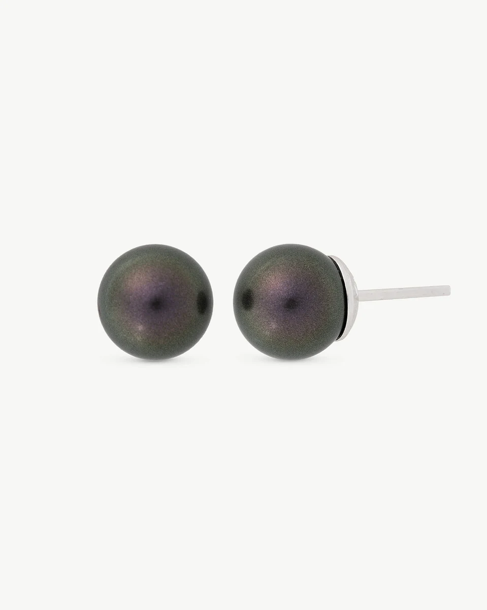 Front view of pearl stud earrings on a white background, showing the silver post profile.