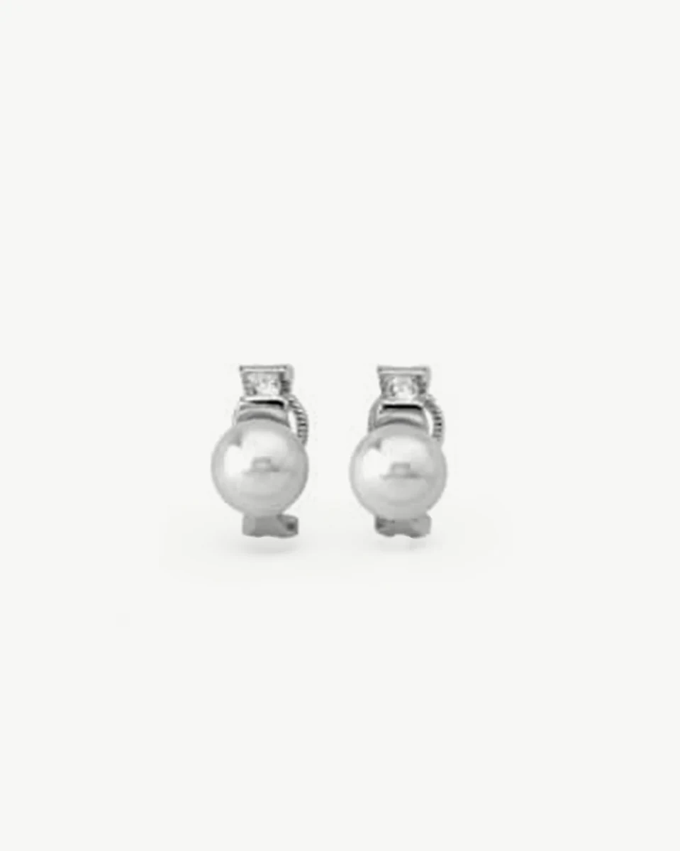 Front view of pearl and cubic zirconia earrings, pure white background.