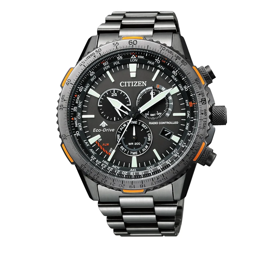 Vista frontal completa del reloj con dial antracita y brazalete negro sobre fondo blanco.