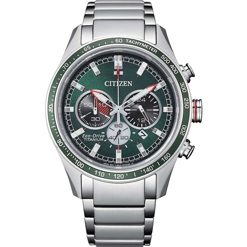 Vista frontal completa del reloj con esfera verde y brazalete plateado sobre fondo blanco