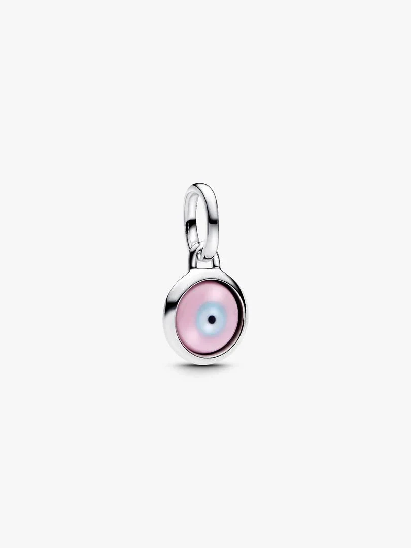 Silver evil eye charm with pink Murano glass, front view on white background.