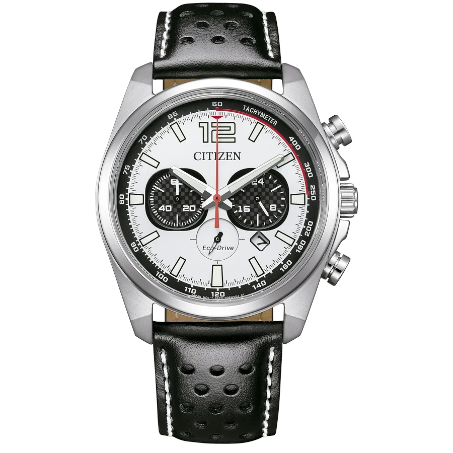 Vista frontal completa del reloj con esfera blanca y correa de piel negra perforada sobre fondo blanco.
