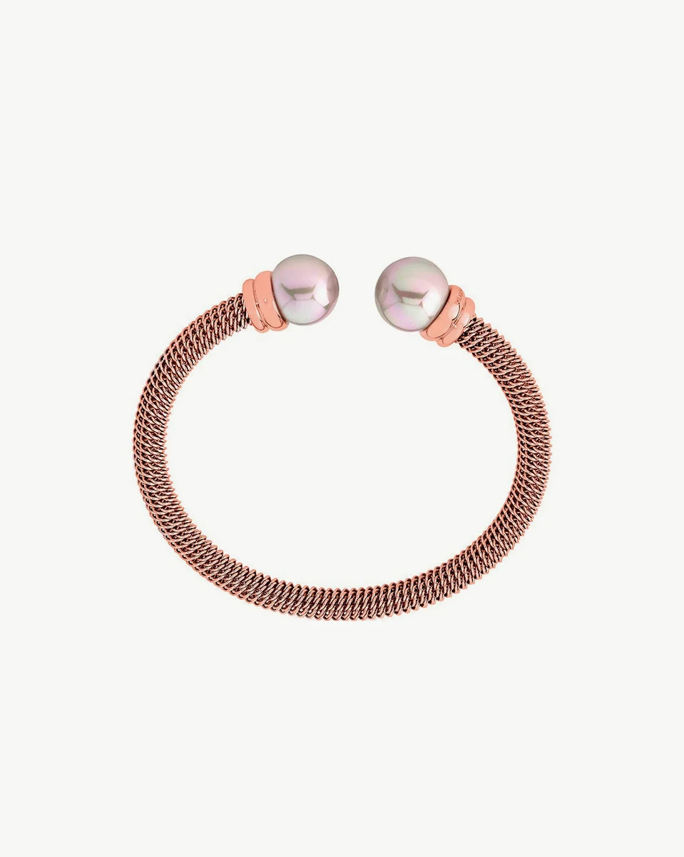 Bracelet jonc en acier rose avec deux perles aux extrémités, vue de face sur fond blanc.