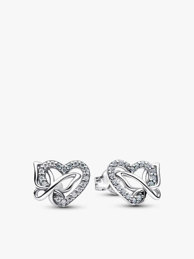 Paar Stecker-Ohrringe mit verschlungenem Design, Frontansicht auf weißem Hintergrund.