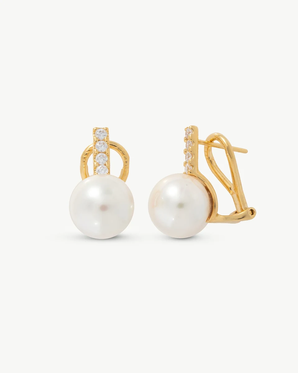 Pair of pearl and cubic zirconia earrings, front view, on a pure white background.