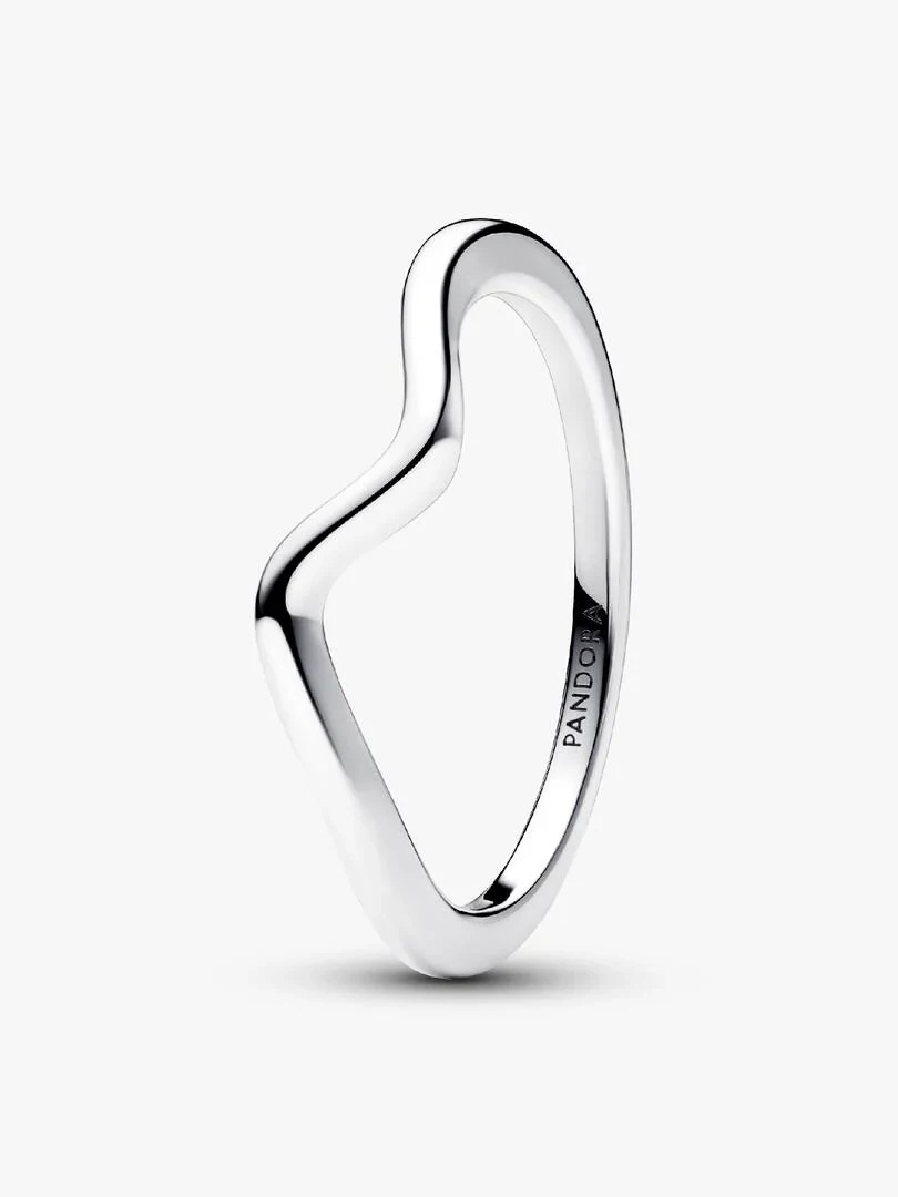 Silver wavy ring shown from a side angle view, isolated on a pure white background.
