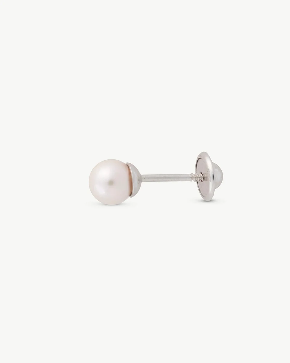 Side view of pearl earring, profile shot on white background, showing post and screw back detail.