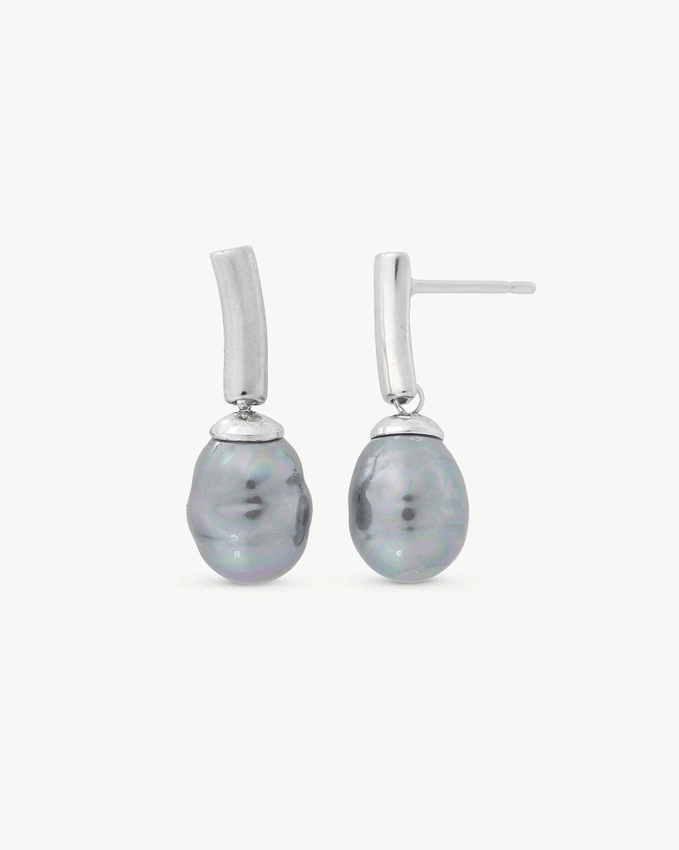 Pair of grey pearl earrings shown front view on a pure white background, featuring silver posts.