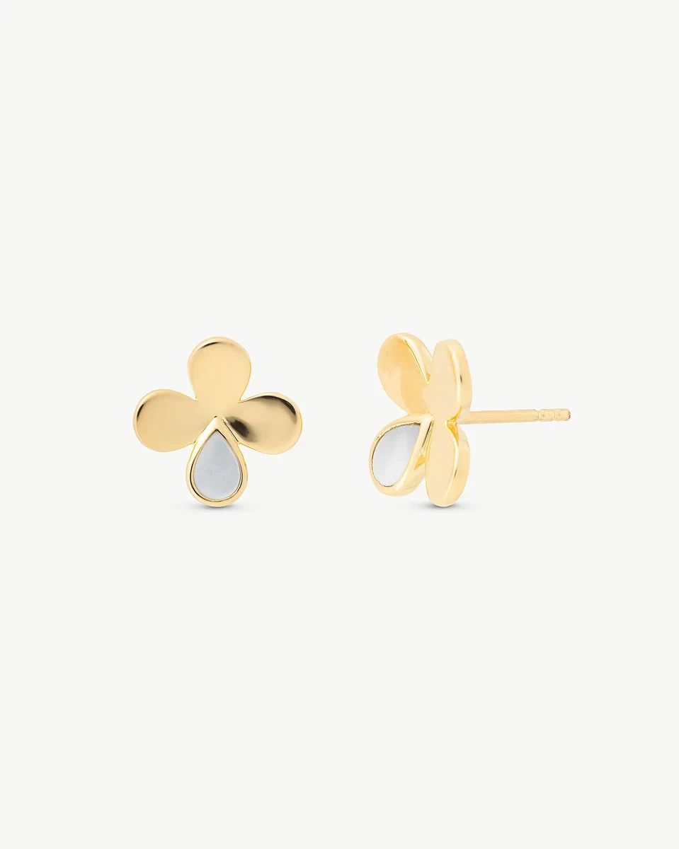 Pair of clover-shaped stud earrings with mother-of-pearl inlay, front view on a white background.