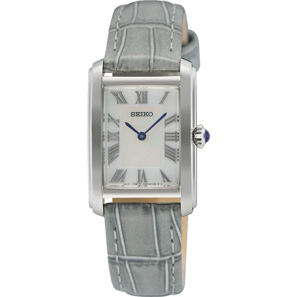 Vista frontal del reloj de caja rectangular y correa gris texturizada sobre fondo blanco