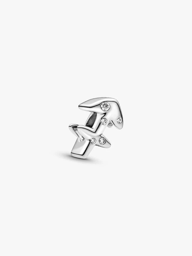 Silver centaur-shaped charm shown from a side angle, white background, featuring inlaid cubic zirconia.