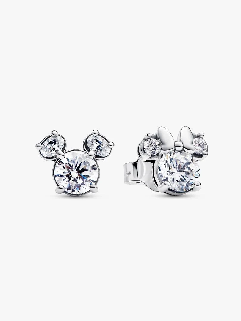 Pair of stud earrings featuring Mickey and Minnie silhouettes, front and side view on a white background.
