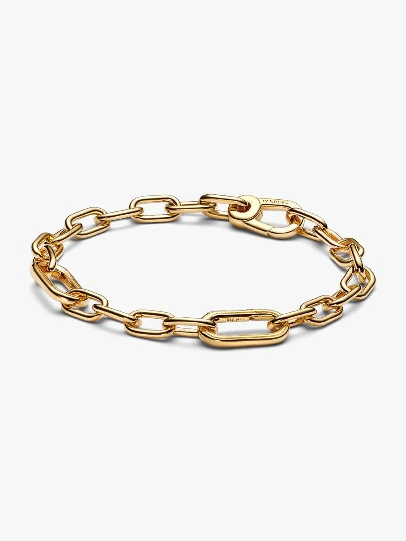 Link bracelet shown at a diagonal angle on a white background, highlighting the clasp and gold links.