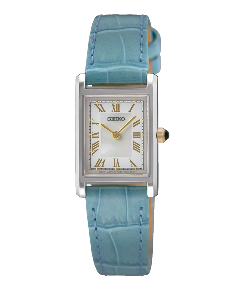 Vista frontal completa del reloj de caja rectangular y correa azul sobre fondo blanco.