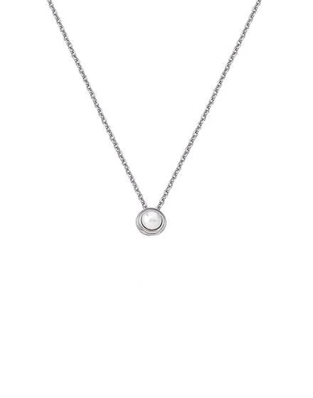 Silver necklace with white pearl pendant, front view on a pure white background.