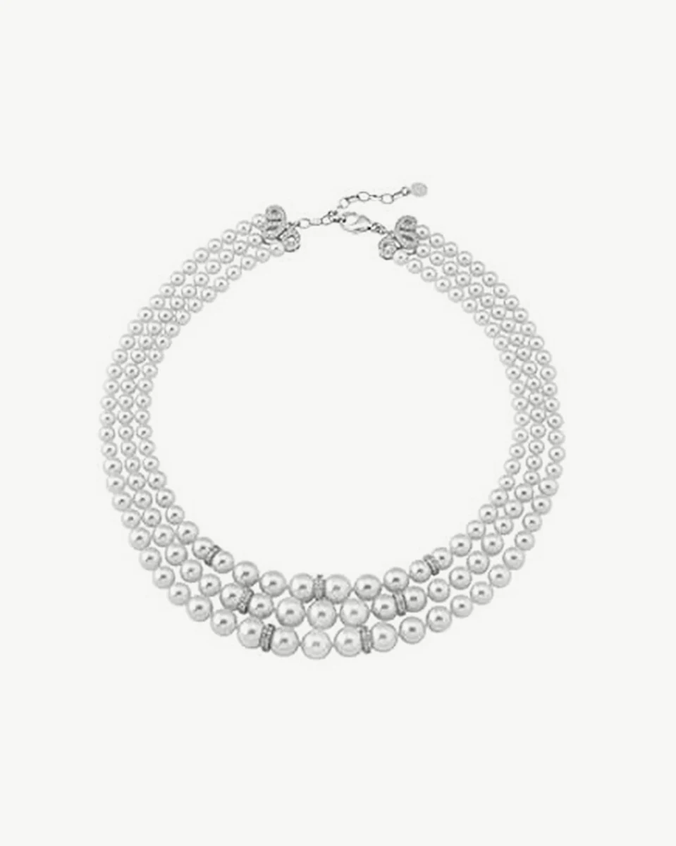 Double strand white pearl necklace on a white background, front view showing silver clasp.