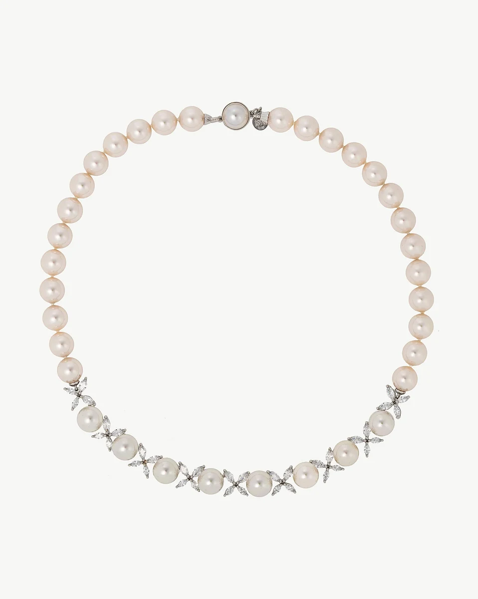 Pearl necklace in a circular arrangement on a white background, full frontal view.